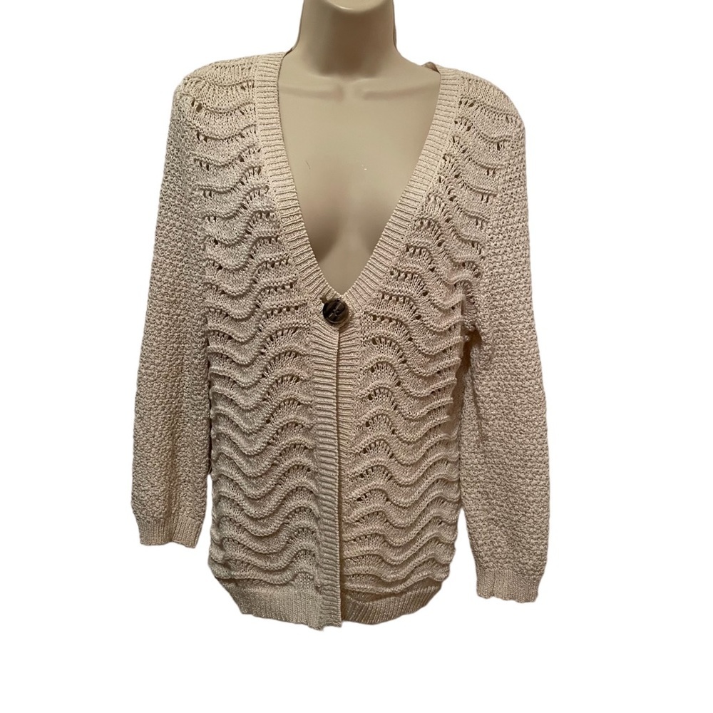 Spense Women's 1 Button Ivory Knit Cardigan Sweater Metallic Gold Thread Medium